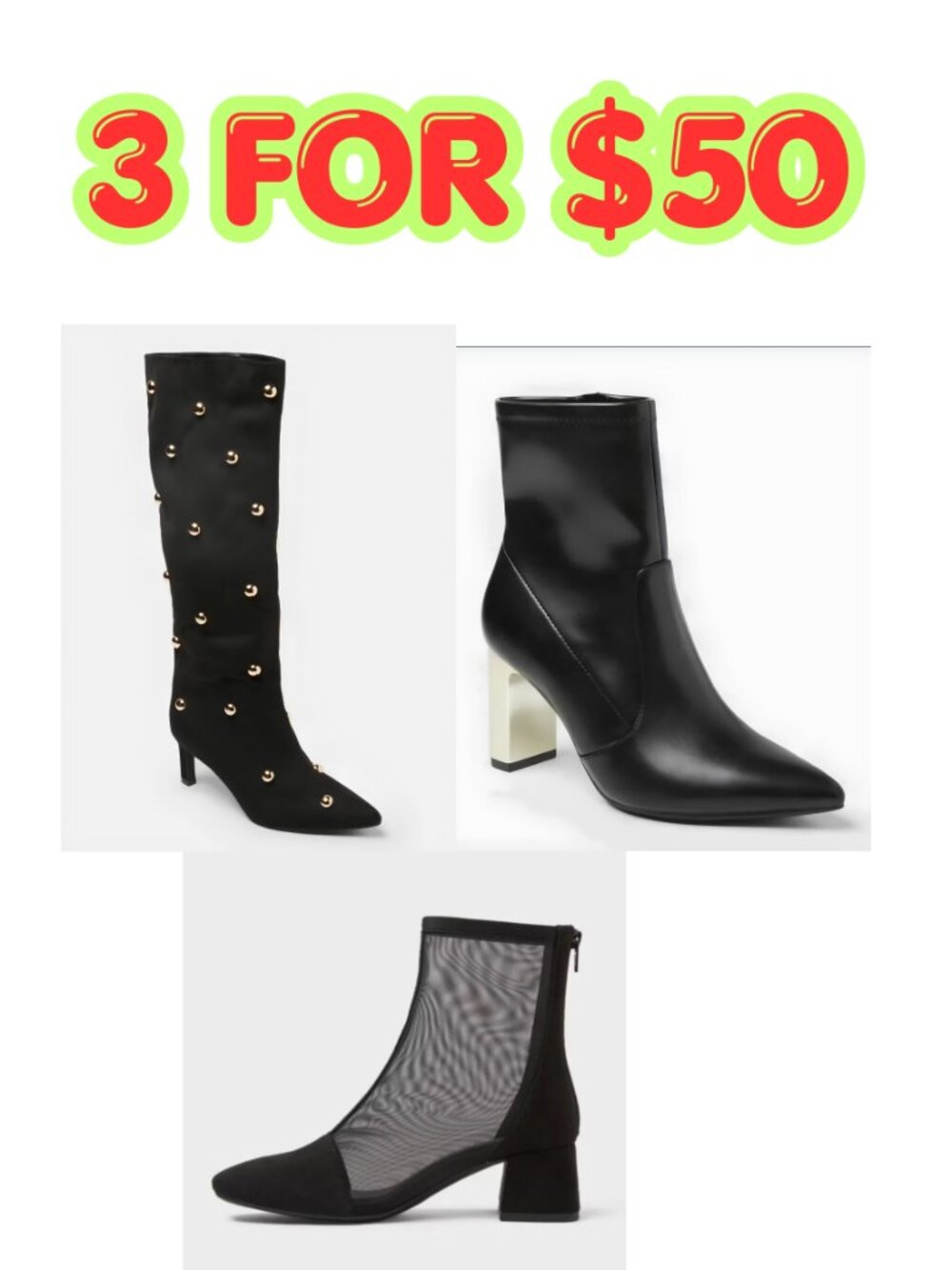 3 For 50, A New Day Women Heel Boots, Pointed Toe with Memory Foam